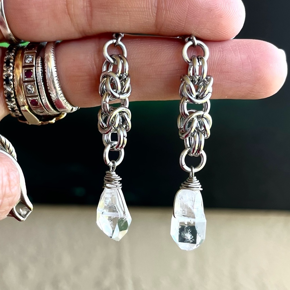 Herkimer diamonds handmade maille link celtic goth viking boho crystal earrings